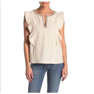 FRYE Ruffle Sleeveless Top Split V Neck Size M Oatmeal